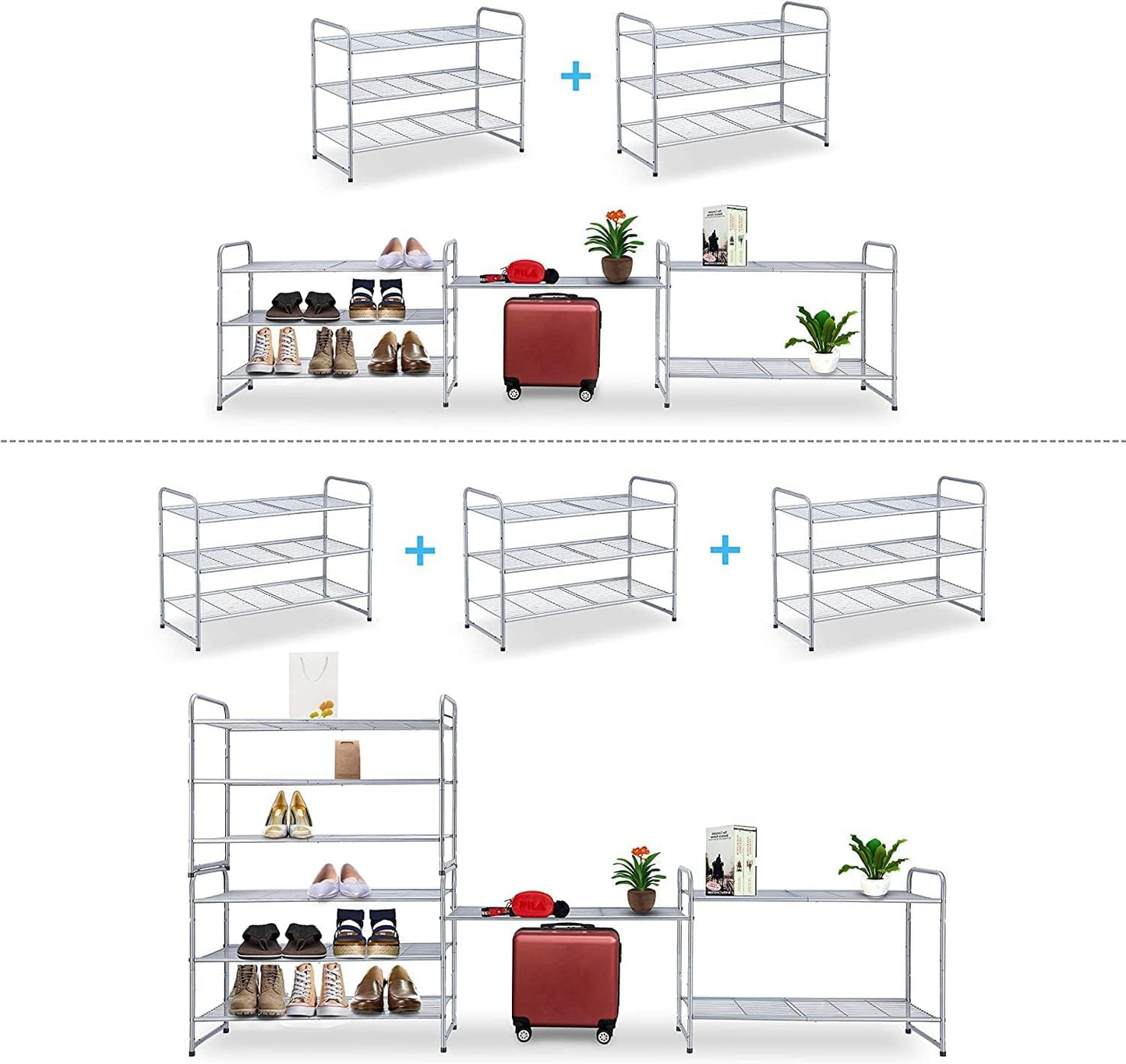 3-Tier Expandable and Adjustable Stackable Shoe Rack Storage Organizer with Wire Grid Design in Silver