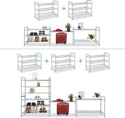 3-Tier Expandable and Adjustable Stackable Shoe Rack Storage Organizer with Wire Grid Design in Silver