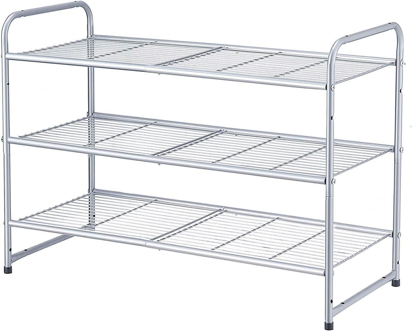 3-Tier Expandable and Adjustable Stackable Shoe Rack Storage Organizer with Wire Grid Design in Silver