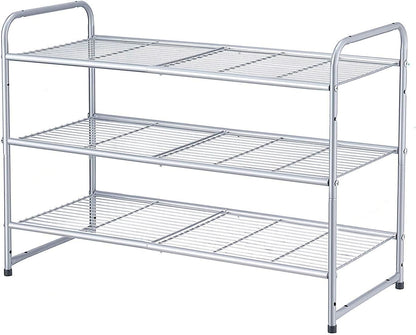 3-Tier Expandable and Adjustable Stackable Shoe Rack Storage Organizer with Wire Grid Design in Silver