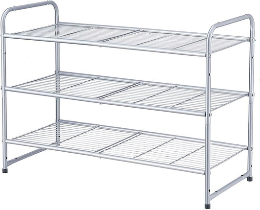 3-Tier Expandable and Adjustable Stackable Shoe Rack Storage Organizer with Wire Grid Design in Silver