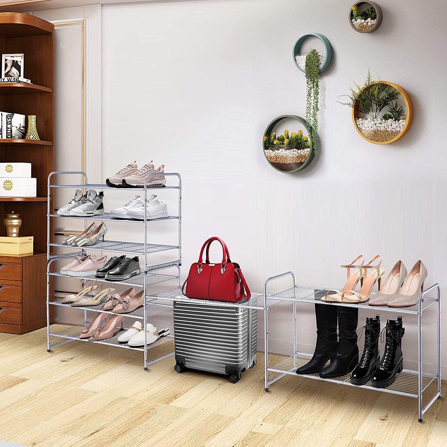 3-Tier Expandable and Adjustable Stackable Shoe Rack Storage Organizer with Wire Grid Design in Silver
