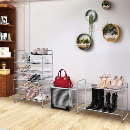 3-Tier Expandable and Adjustable Stackable Shoe Rack Storage Organizer with Wire Grid Design in Silver