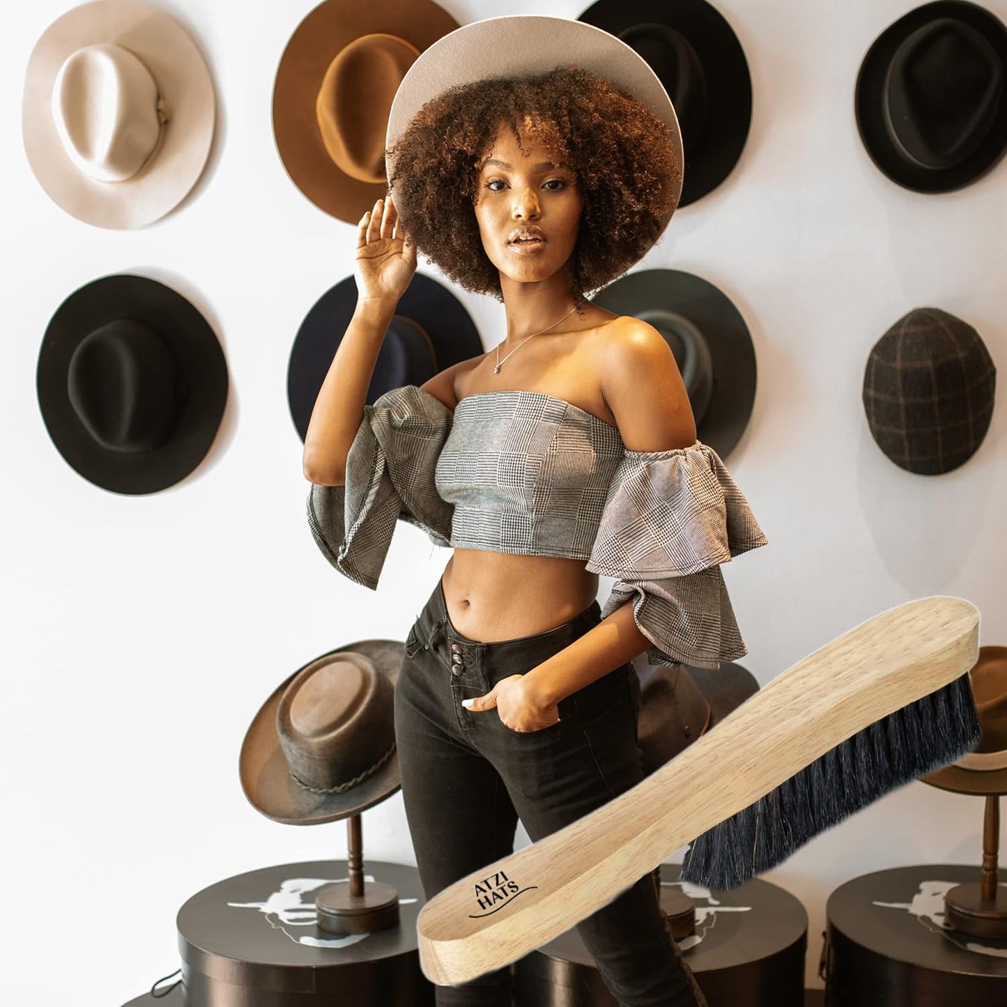 Fedora Hat Brush - Lint Remover and Duster for Felt Hats, 100% Horse Hair with Wooden Handle (Black)