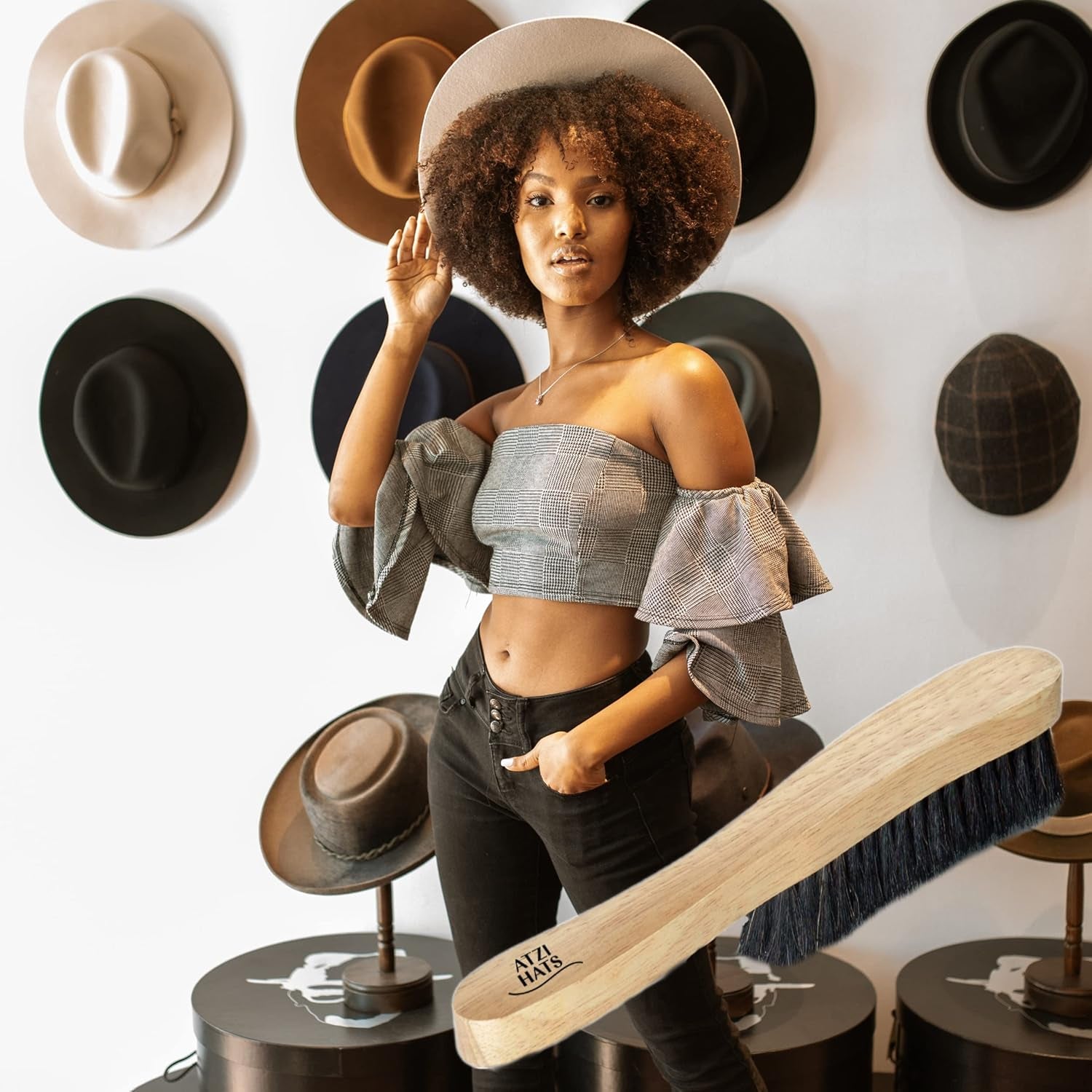 Fedora Hat Brush - Lint Remover and Duster for Felt Hats, 100% Horse Hair with Wooden Handle (Black)