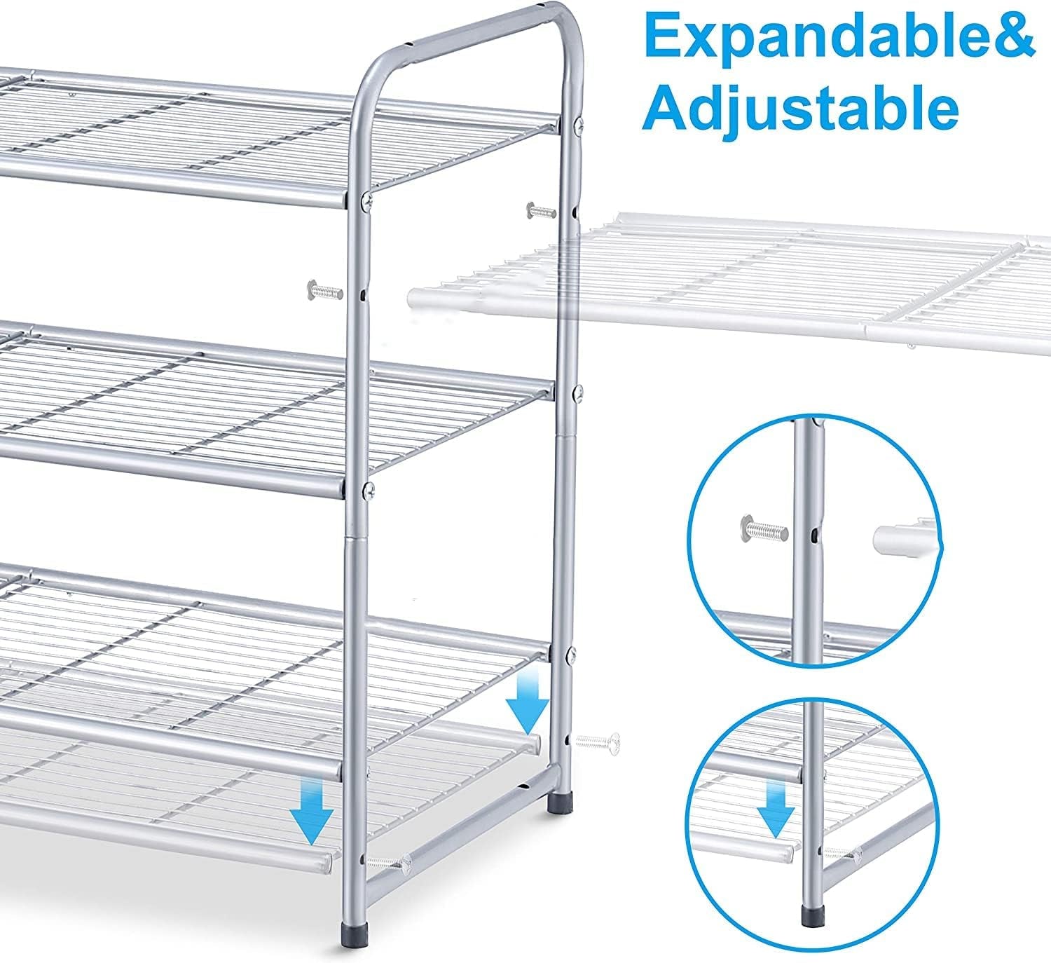 3-Tier Expandable and Adjustable Stackable Shoe Rack Storage Organizer with Wire Grid Design in Silver