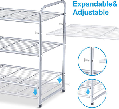 3-Tier Expandable and Adjustable Stackable Shoe Rack Storage Organizer with Wire Grid Design in Silver
