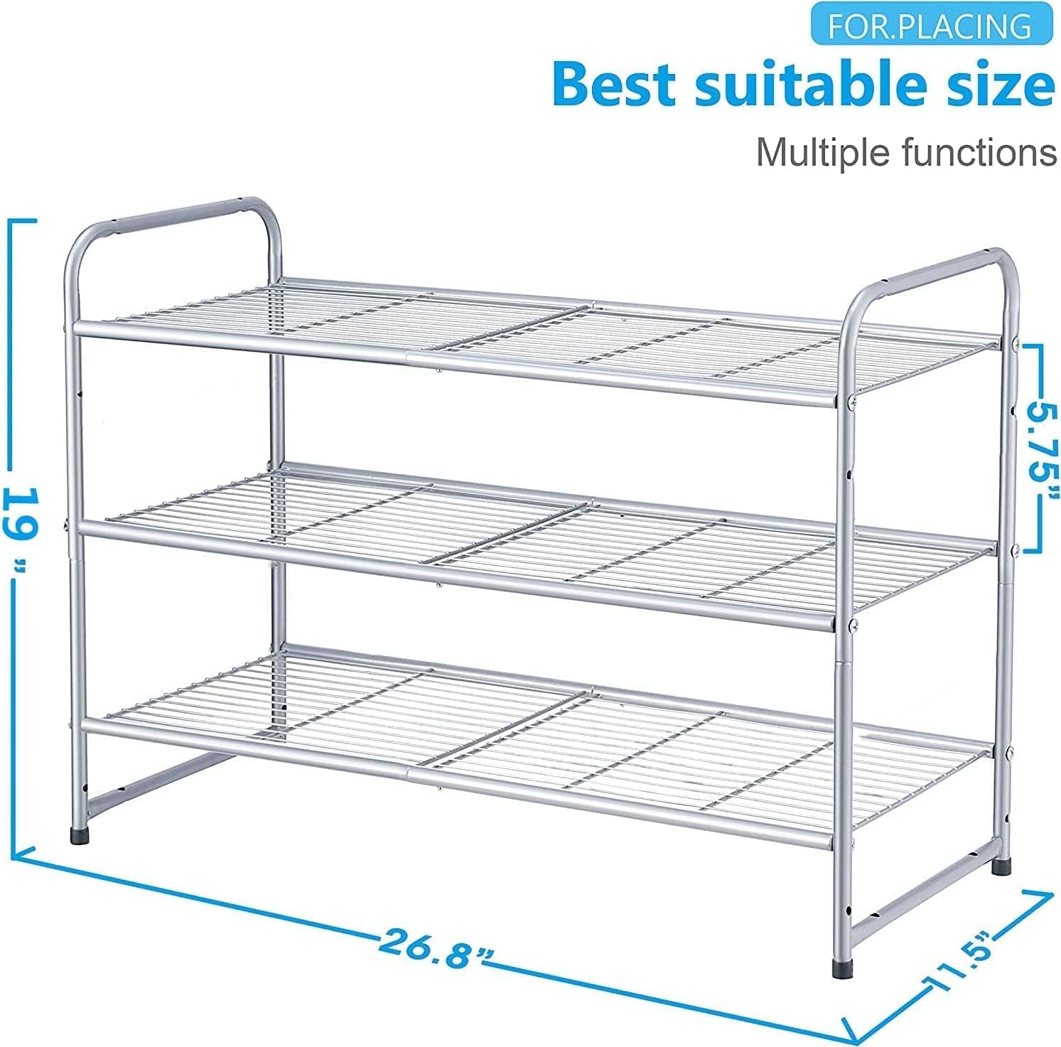 3-Tier Expandable and Adjustable Stackable Shoe Rack Storage Organizer with Wire Grid Design in Silver