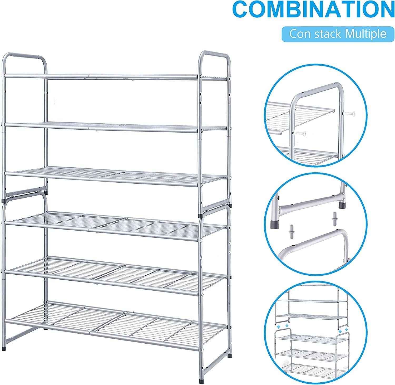 3-Tier Expandable and Adjustable Stackable Shoe Rack Storage Organizer with Wire Grid Design in Silver