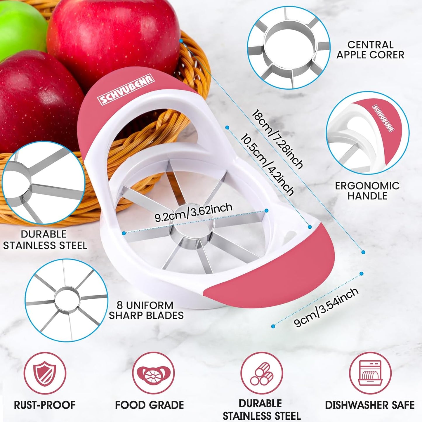 3.5 Inch Apple Slicer - Professional Apple Cutter - Stainless Steel Apple Corer - Super Sharp Apple Slicer and Corer - Apple Tool with 8 Sharp Blades(Pink)